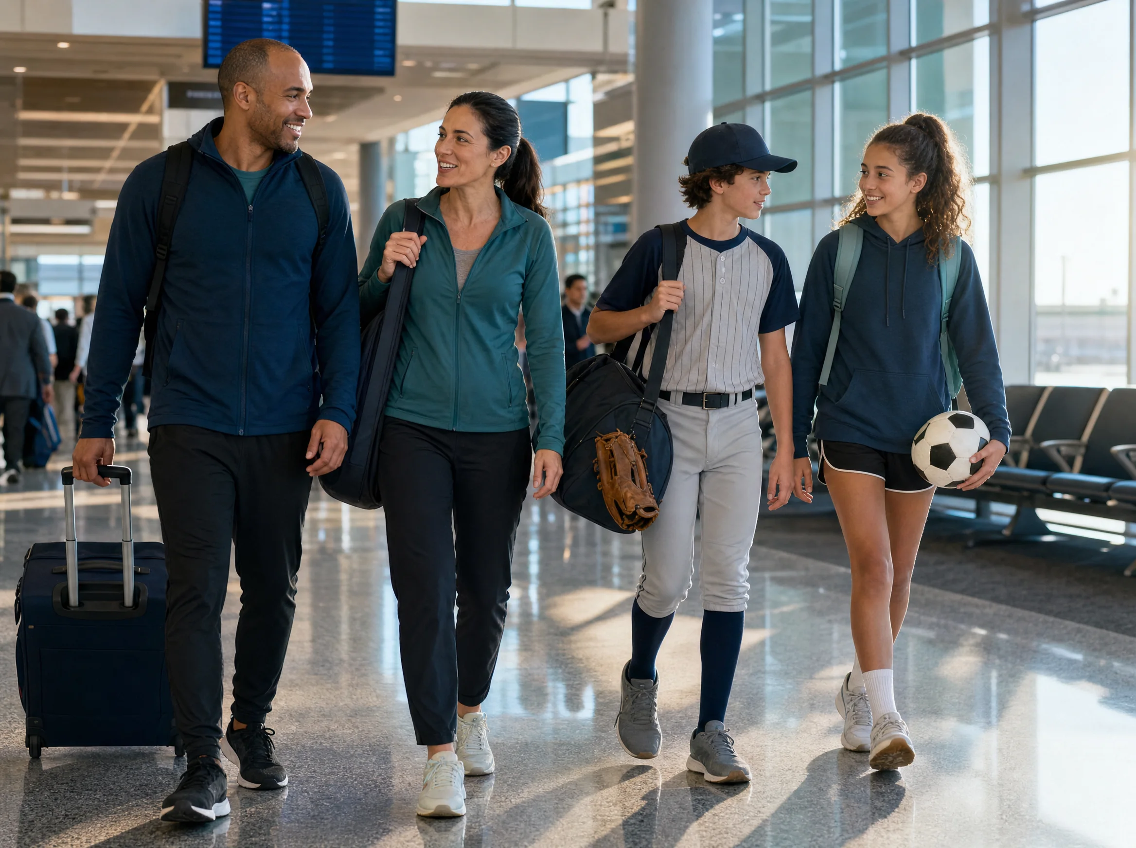Two adults and two teenage athletes walking through an airport with luggage and sports equipment