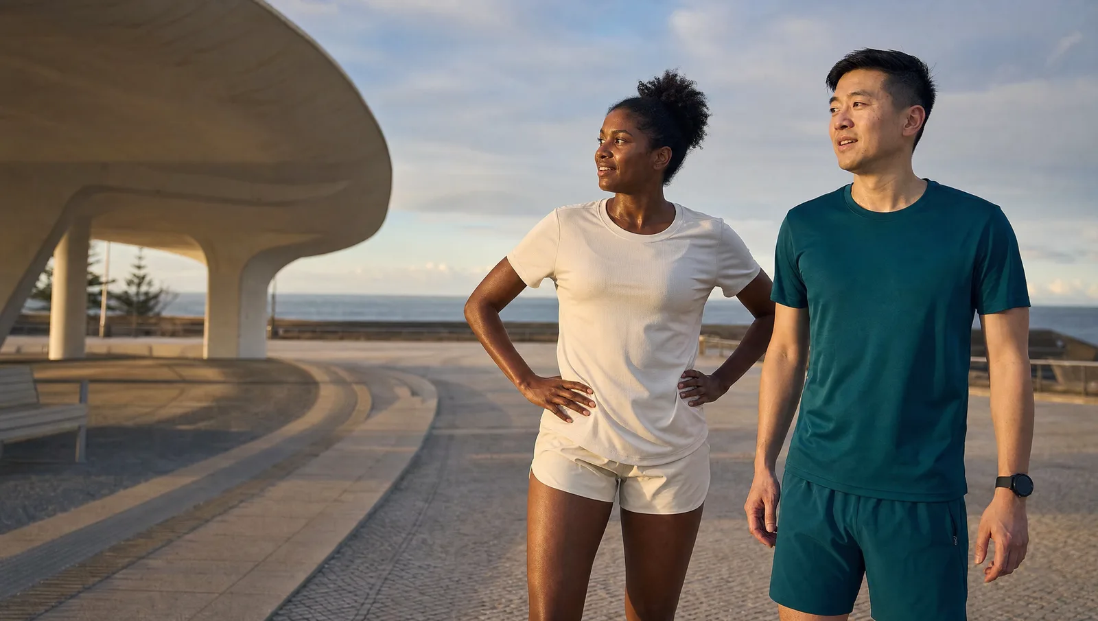Two adult runners pause beside the ocean in the afternoon light
